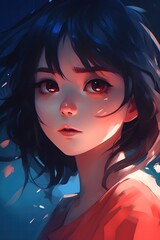 Digital portrait of a a shy and vulnerable young girl with dark hair, skillfully rendered in an anime/manga-inspired style. The artwork captures emotion and innocence, created with generative A.I.