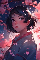 A digital portrait featuring a cute young girl in an anime/manga-inspired style. With an air of curiosity, she gazes around surrounded by cherry blossom trees, created with generative A.I. technology
