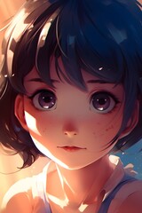 Digital portrait of a a shy and vulnerable young girl with dark hair, skillfully rendered in an anime/manga-inspired style. The artwork captures emotion and innocence, created with generative A.I.