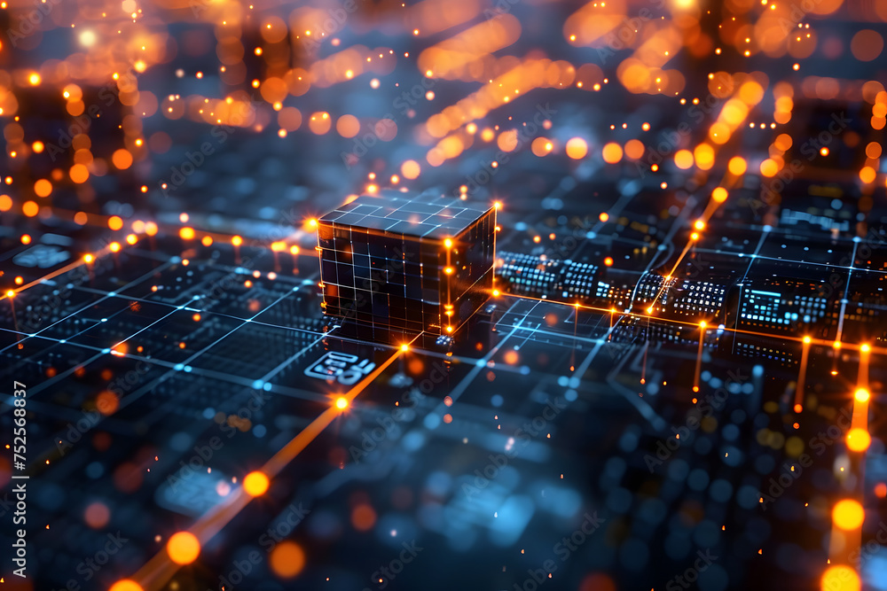 Poster futuristic illustration.digital blockchain network concept with glowing nodes