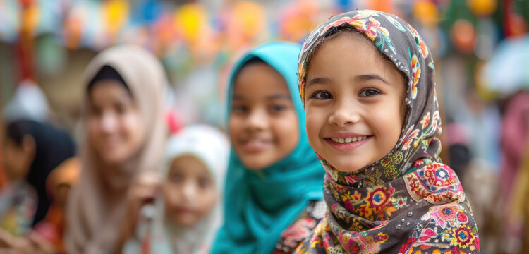 young girl with a beautiful smile wearing hidjab during a colorful muslim festive 