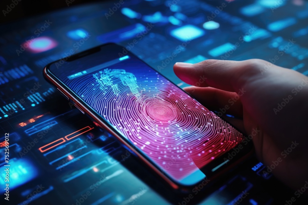 Poster a person holding a cell phone with a visible fingerprint. great for technology and security concepts