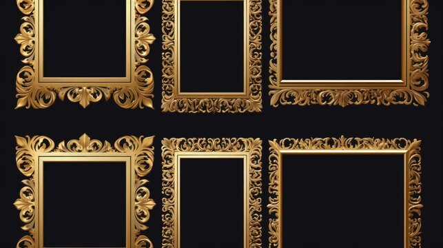 Four elegant gold picture frames on a sleek black background. Perfect for showcasing photos or artwork