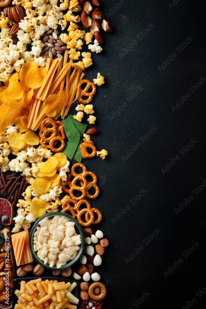Poster a diverse selection of food displayed on a black table. ideal for food and beverage concepts