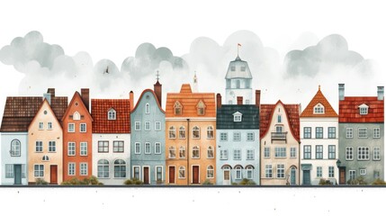 Row of houses with a clock tower on top. Suitable for real estate or travel concepts