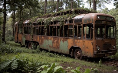 Naklejka premium A rusty bus into the jungle. Abandoned place, vines everywhere.