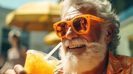 A man with a beard and glasses holding a drink. Suitable for various lifestyle and social settings