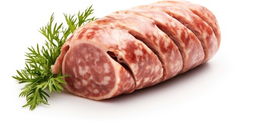A piece of raw meat with a sprig of parsley on a white background. The meat appears fresh and uncooked, while the parsley adds a touch of color and freshness to the composition.