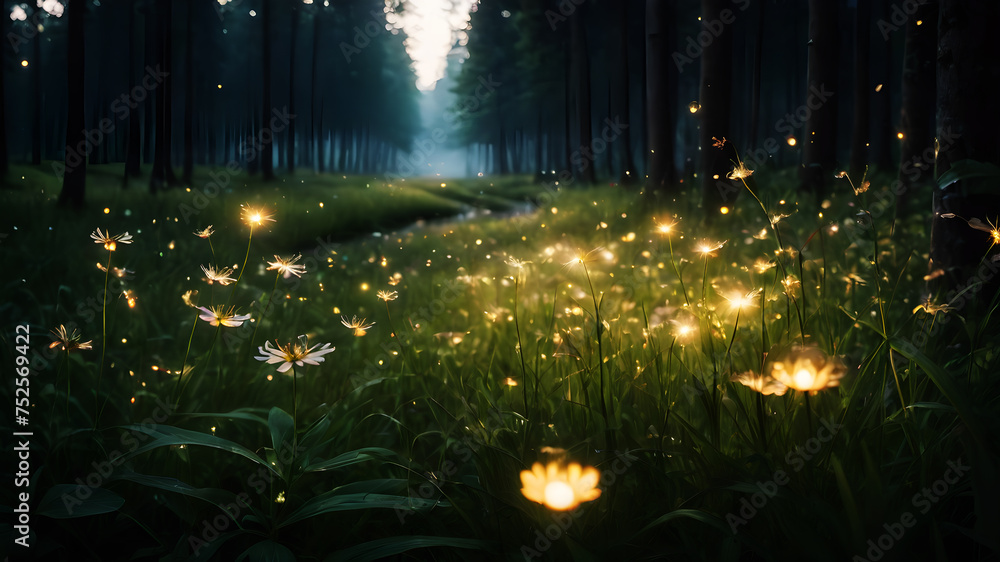 Poster step into a meadow aglow with the soft light of fireflies. the tiny insects create a magical dance o