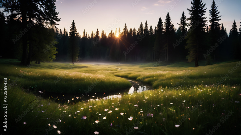Poster step into a meadow aglow with the soft light of fireflies. the tiny insects create a magical dance o