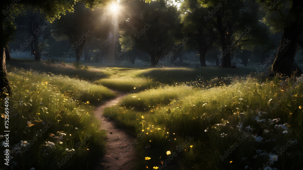 Poster step into a meadow aglow with the soft light of fireflies. the tiny insects create a magical dance o
