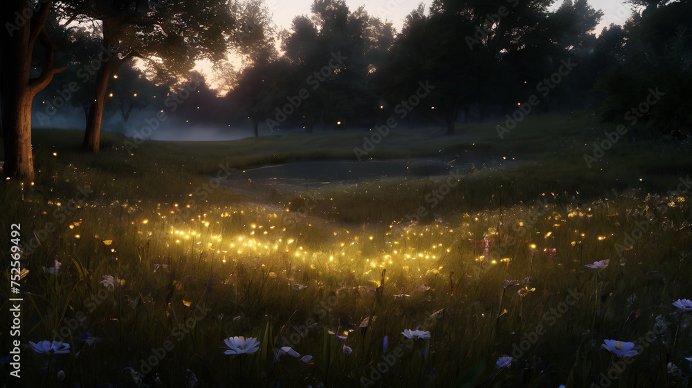 Poster step into a meadow aglow with the soft light of fireflies. the tiny insects create a magical dance o