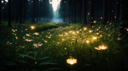 Step into a meadow aglow with the soft light of fireflies. The tiny insects create a magical dance of light as they float above the grass. The air is filled with the soothing sounds of nature, and the