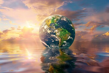 A stunning globe of the Earth, floating above a tranquil body of water, with its reflection mirroring the beauty of a pristine environment on Earth Day.
