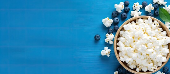 Obraz na płótnie Canvas A wooden bowl filled with a colorful mix of fresh blueberries and popped popcorn, creating a contrast of textures and flavors. The healthy breakfast concept is enhanced by the addition of cottage