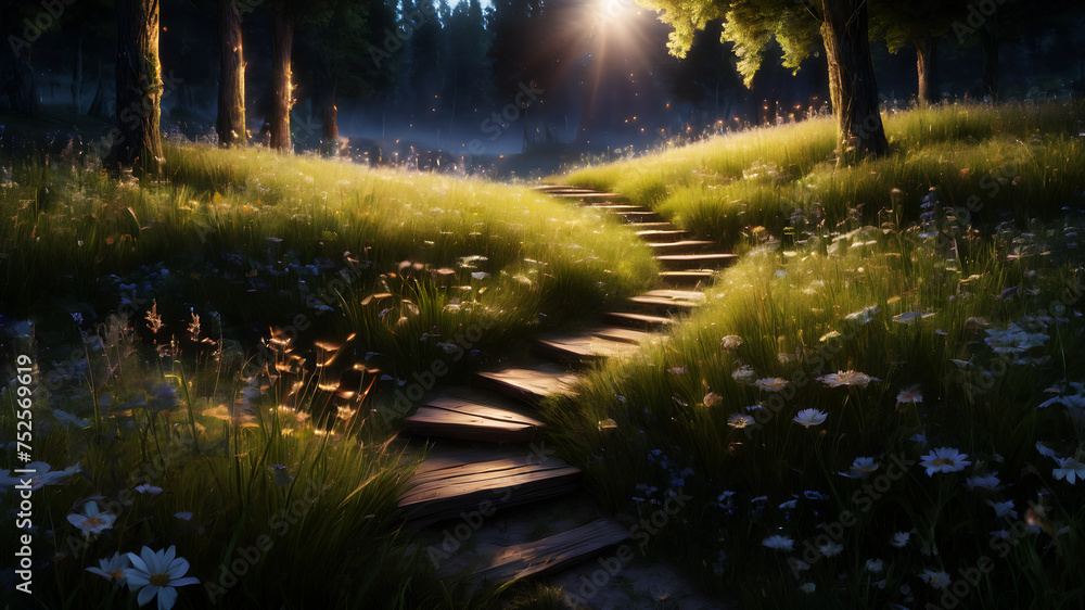 Poster step into a meadow aglow with the soft light of fireflies. the tiny insects create a magical dance o