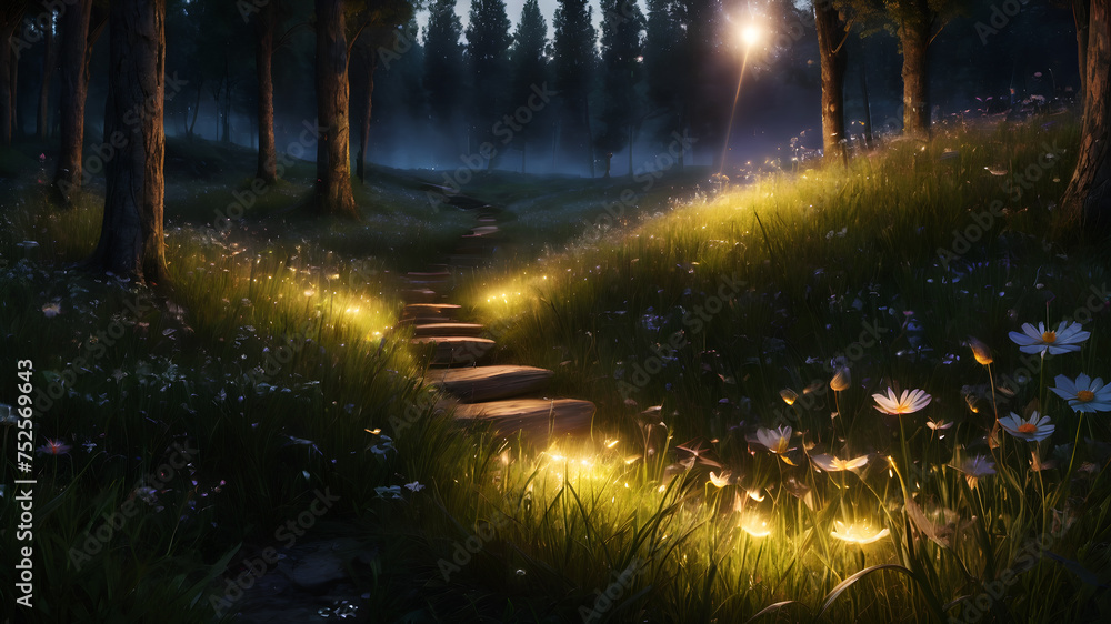 Poster step into a meadow aglow with the soft light of fireflies. the tiny insects create a magical dance o