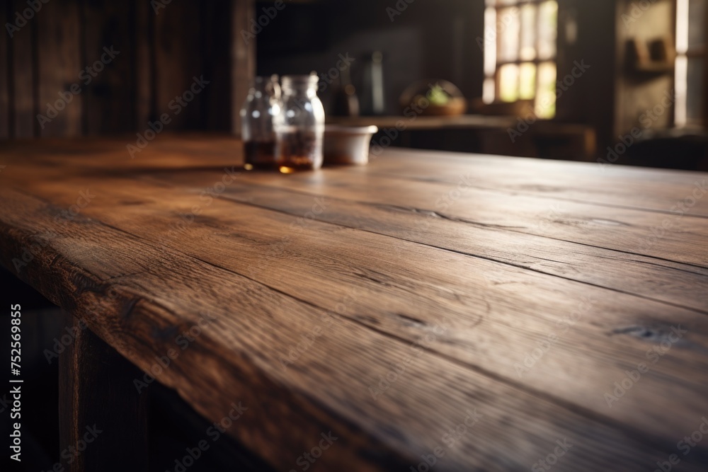 Poster close up of a wooden table with bottles. great for food and beverage concepts