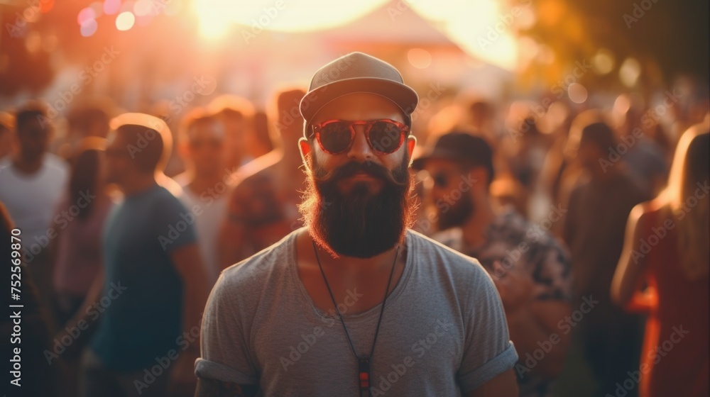 Poster a man with a beard and sunglasses standing in front of a crowd. ideal for business presentations