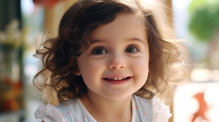 Portrait of a happy little girl with curly hair, perfect for family and children-related projects