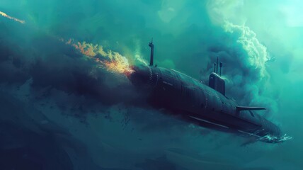 Submarine firing a torpedo underwater created with Generative AI