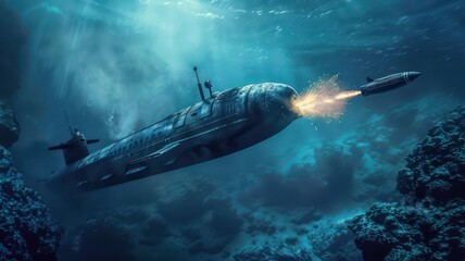 Submarine firing a torpedo underwater created with Generative AI