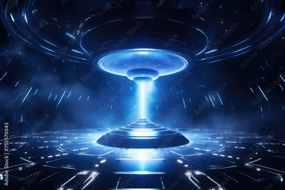 Poster Sci-fi scene with an alien spaceship hovering over a high-tech space station. Suitable for sci-fi themed designs