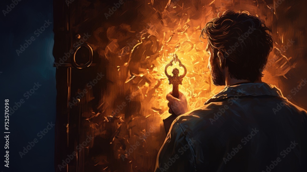 Poster a man standing in front of a door, holding a key. suitable for real estate concepts