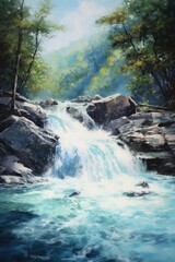 A serene painting of a waterfall in a lush forest. Perfect for nature lovers and home decor