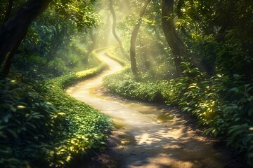 Obraz premium A symbolic, untouched path winding through a lush, vibrant forest, representing the safe passages created by mine clearance efforts on International Day for Mine Awareness