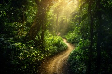 Obraz premium A symbolic, untouched path winding through a lush, vibrant forest, representing the safe passages created by mine clearance efforts on International Day for Mine Awareness
