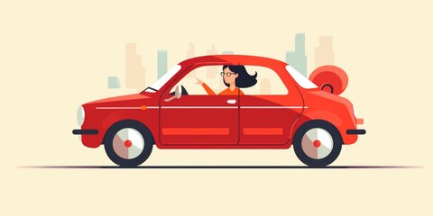 A woman driving a red car in the city. Suitable for automotive and urban lifestyle concepts
