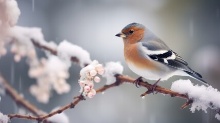 A bird perched on a snow-covered tree branch. Suitable for winter themed designs