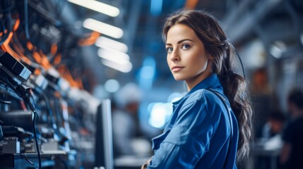 Skilled Female Technician Working at High-Tech Factory. Generative ai