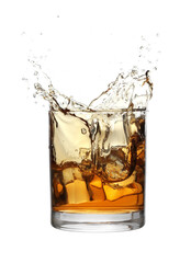 Whiskey splashing out of glass on white background