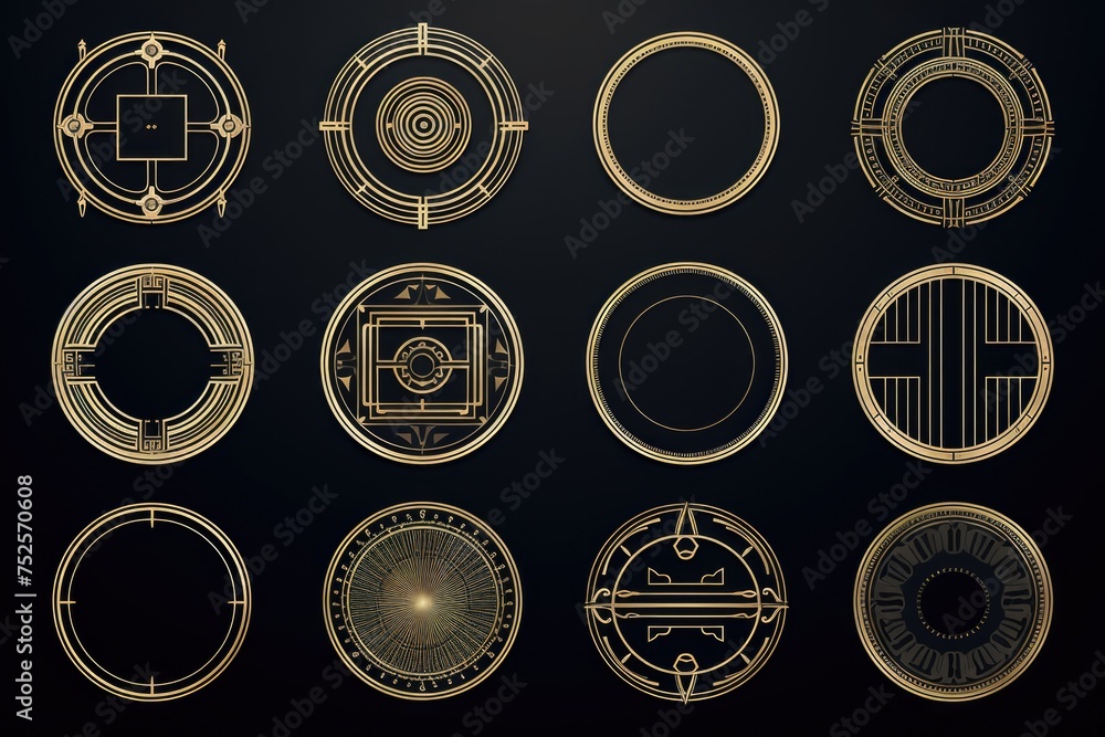 Poster Set of nine elegant golden circular designs, perfect for adding a touch of luxury to any project