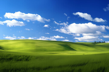 Obraz premium A beautiful, perfect landscape with green grass on hills and green fields. The sky is filled with white clouds and bright sunlight. There are also shadows that create a sense of depth and realism.
