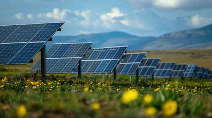 Solar panels under blue sky, green energy