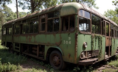 Fototapeta na wymiar A rusty bus into the jungle. Abandoned place, vines everywhere.