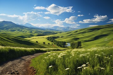 a beautiful landscape, a ground road leading into the distance, green grass and wild flowers in the valley, mountains in the distance and sky with white clouds - obrazy, fototapety, plakaty