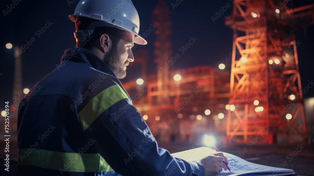 Poster A man in a hard hat looking at a piece of paper. Suitable for construction, engineering, and project management concepts