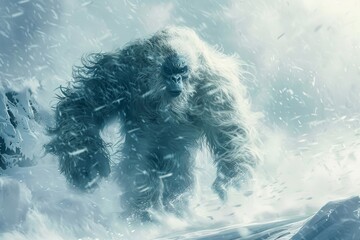 Artistic representation of a mythical Yeti creature roaring in a blizzard with icy mountains in the backdrop - obrazy, fototapety, plakaty