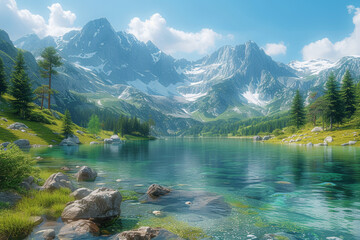 A crystal-clear lake nestled serenely amidst towering mountain peaks. Generative Ai.
