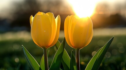Obraz premium The early morning sun illuminates the dew on two pristine yellow tulips against a softly blurred green background