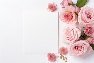 White sheet of paper surrounded by pink roses, ideal for romantic or feminine themed designs