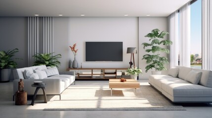 Fototapeta na wymiar A modern living room featuring a flat screen TV. Suitable for interior design concepts