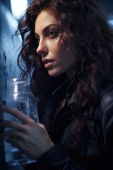 A woman in a black jacket holding a glass jar, perfect for various concepts and designs