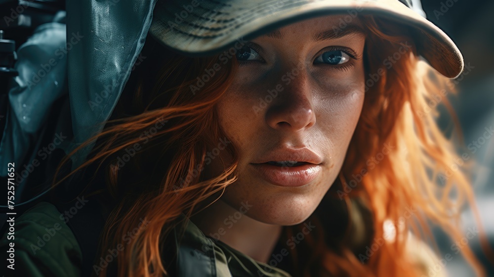 Poster close up of a person wearing a hat, suitable for various projects