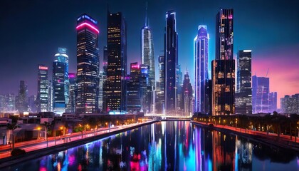 Generated image of a futuristic cityscape with sleek skyscrapers and neon lights, reminiscent of cyberpunk