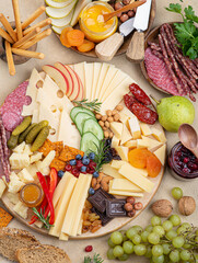 Cheese plate with different types of cheese, fruits, nuts on a light background